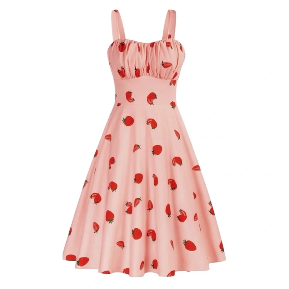 NWOT Modcloth Belle Poque Pink Strawberry Fruit Retro Pinup Flare Swing Dress 2X